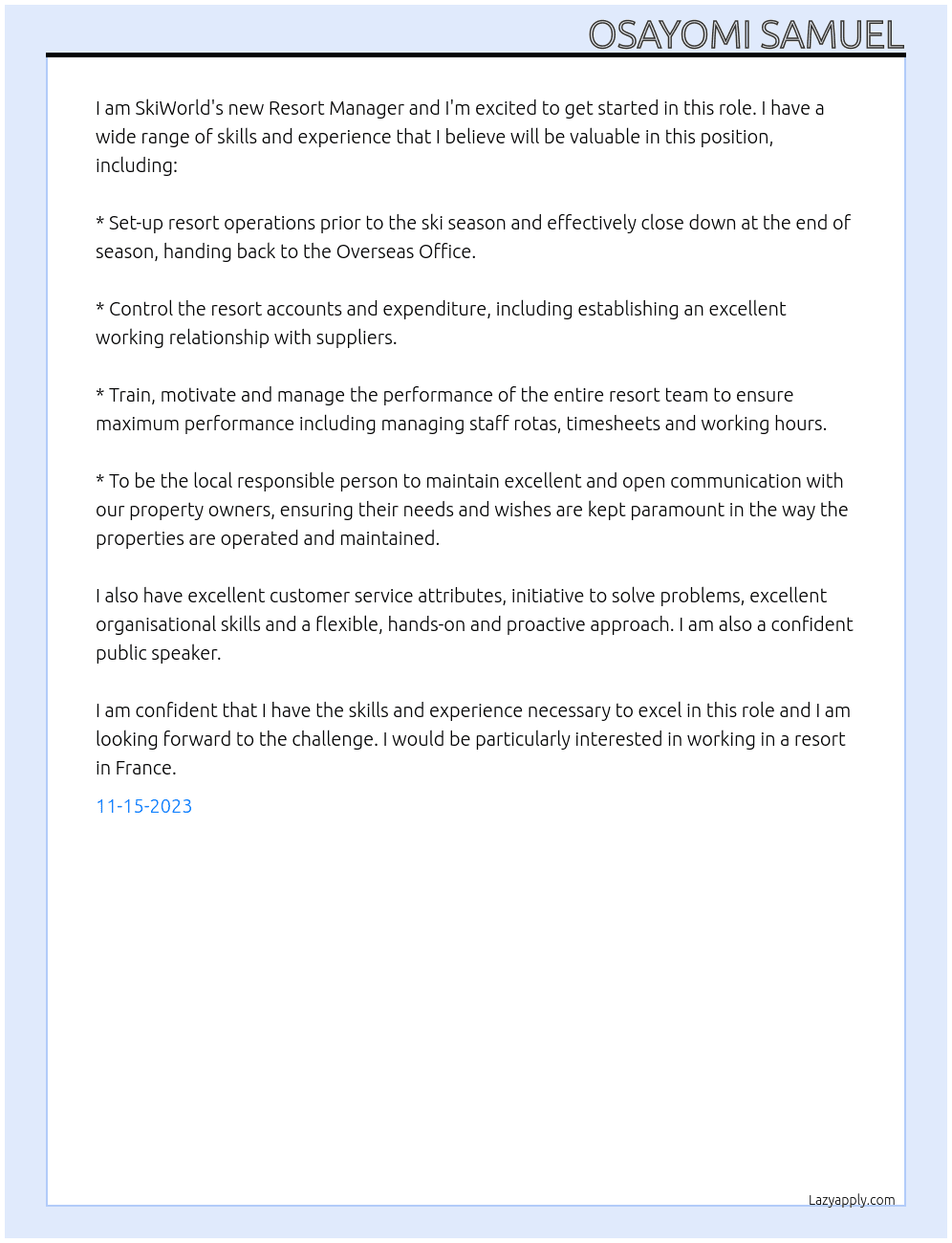 Resort Manager At skiworld Cover Letter