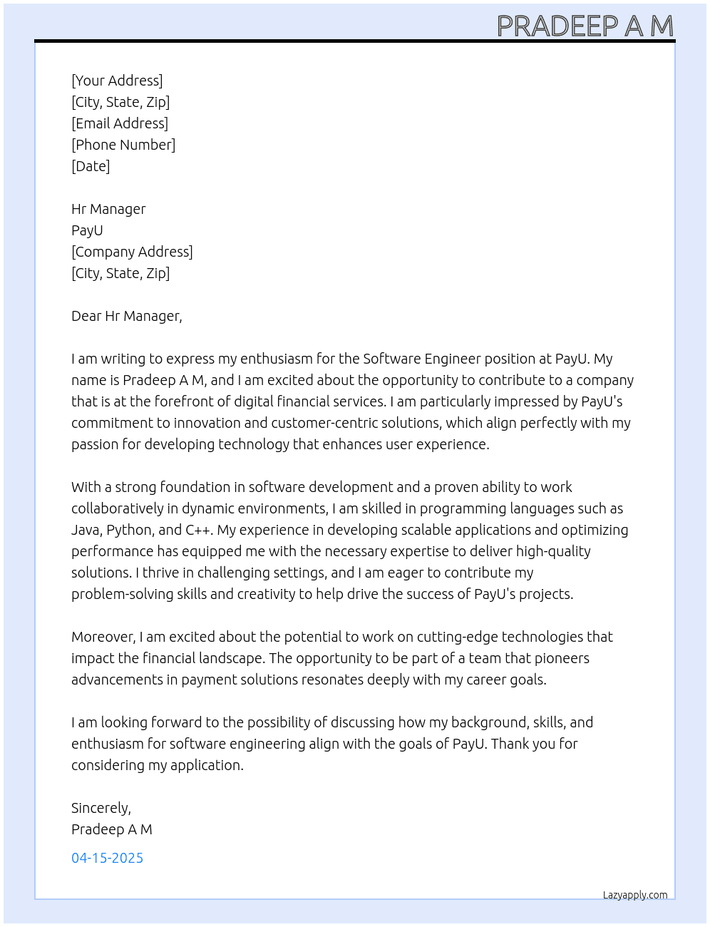 sortware engineer At payU Cover Letter