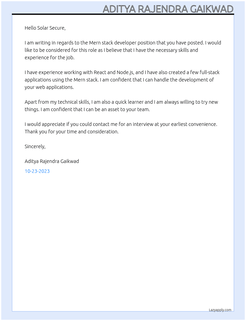 Mern stack developer At Solar Secure Cover Letter