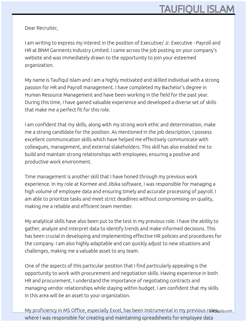 Executive/ Jr. Executive - Payroll and HR At BNM Garments Industry Limited Cover Letter