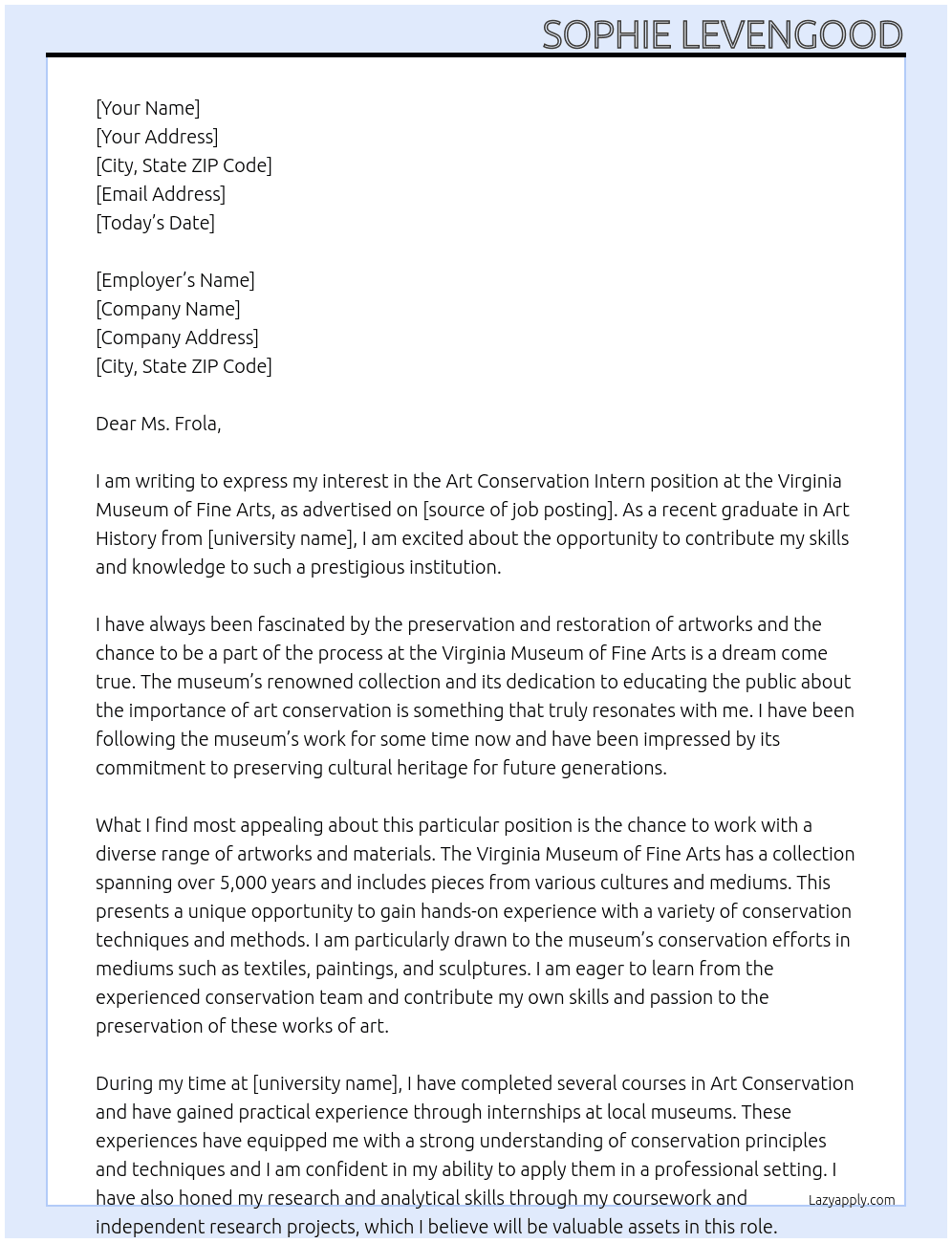 Art Conservation Intern At Virginia Museum of Fine Arts Cover Letter