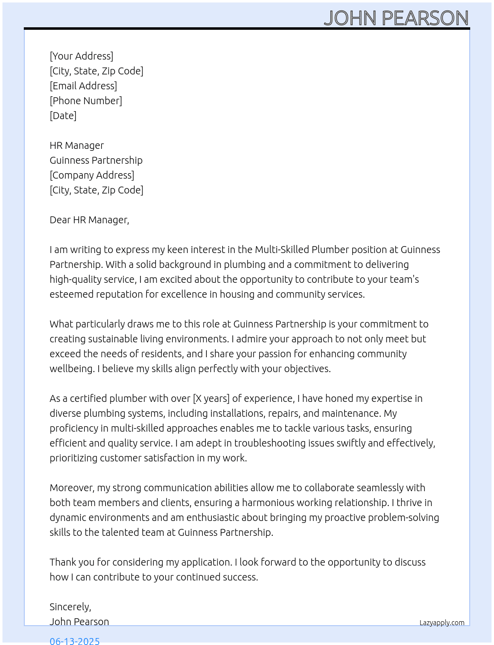 Multi-Skilled Plumber At guinness partnership Cover Letter