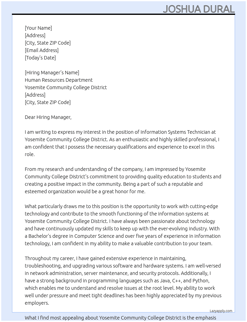 Information Systems Technician At Yosemite Community College District Cover Letter