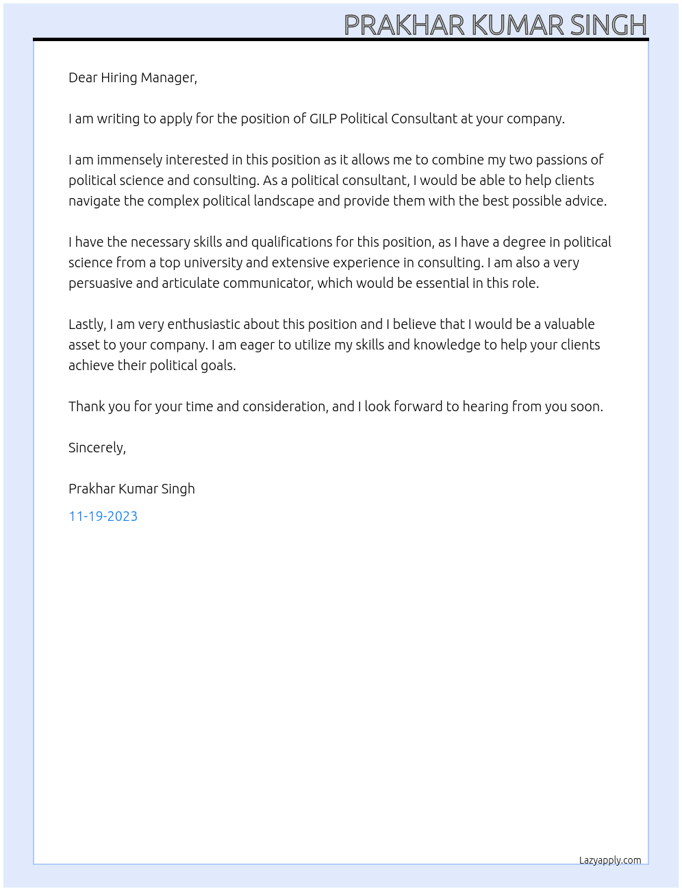 GILP Political Consultant At GILP Cover Letter