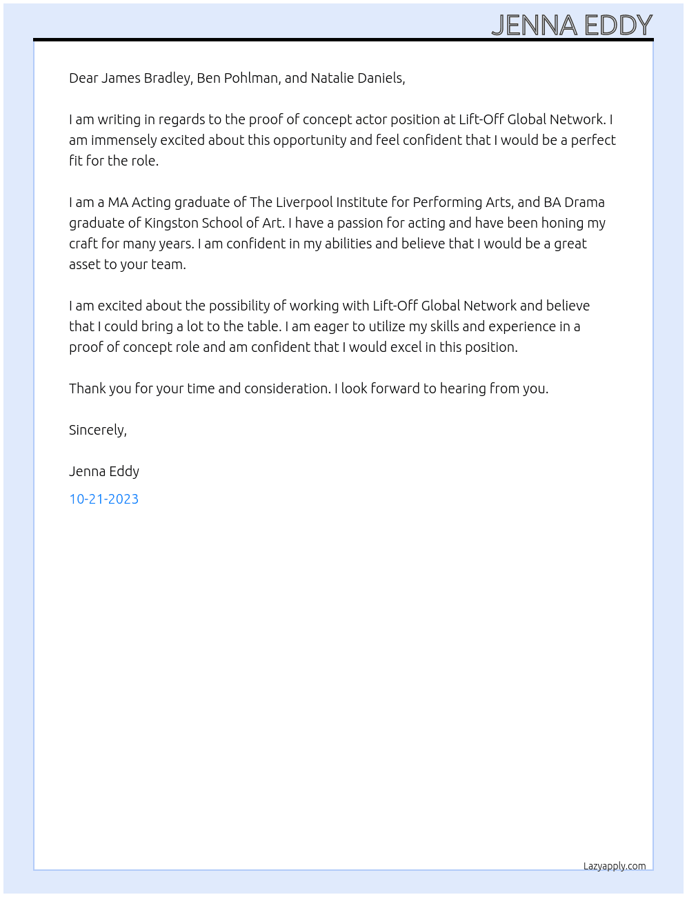 Proof of Concept Actor At Lift-Off Global Network Cover Letter