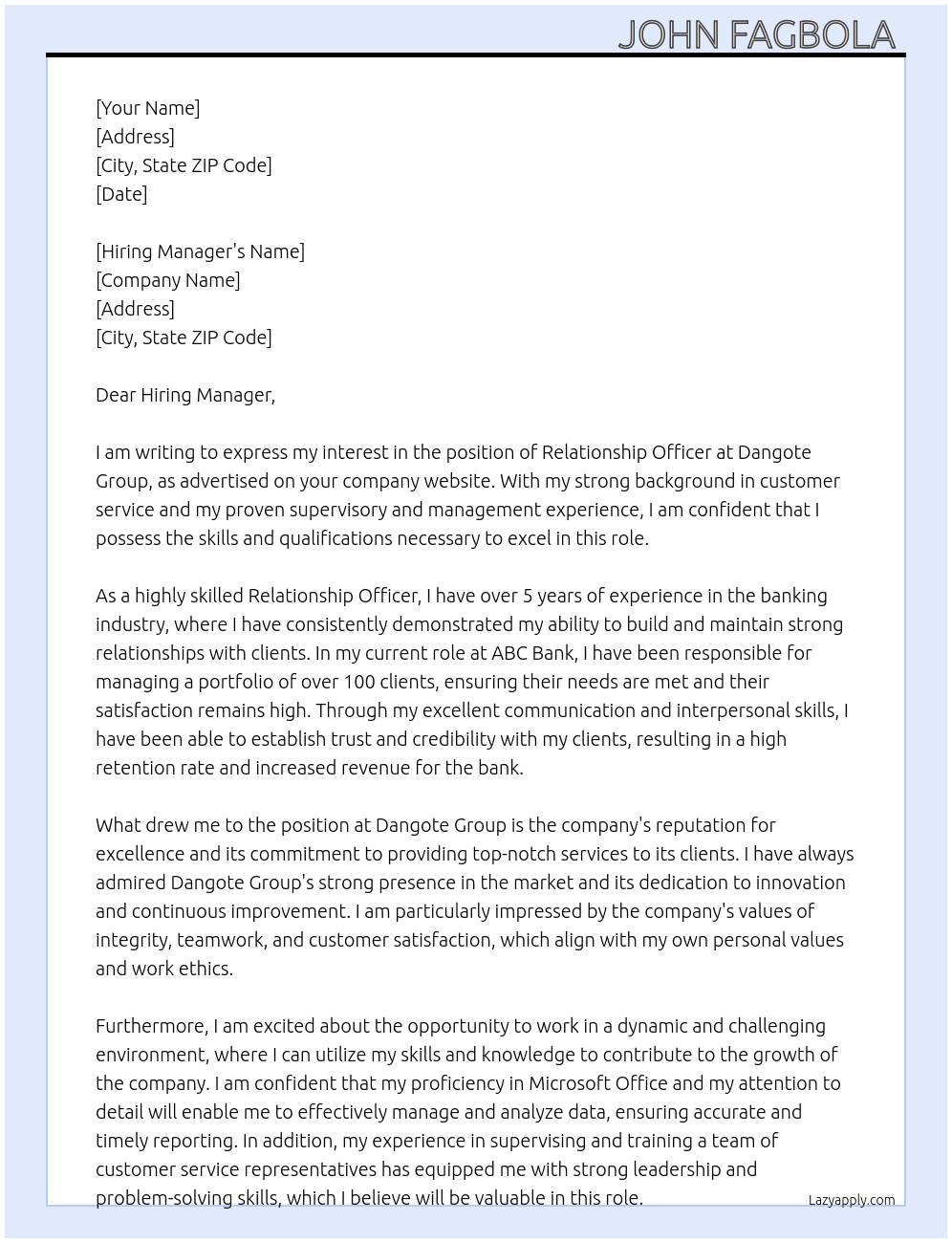 Relationship officer  At Dangote Group  Cover Letter
