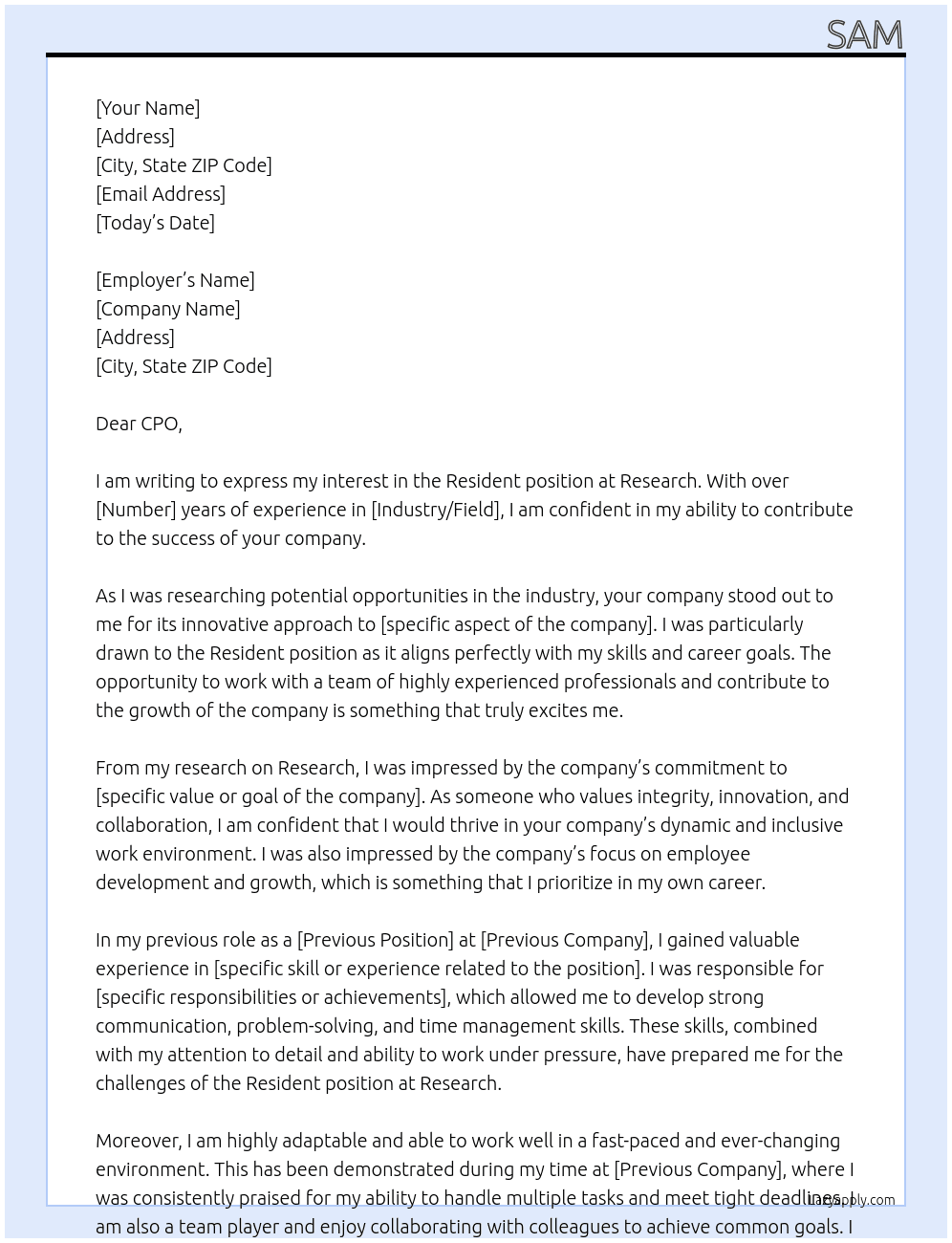 Resident At Researcg Cover Letter