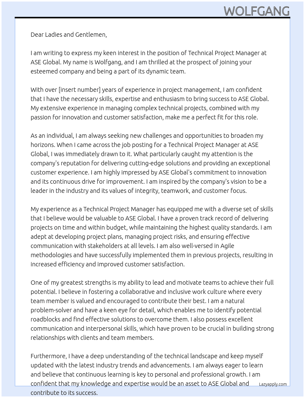Technical Project Manager At ASE Global Cover Letter