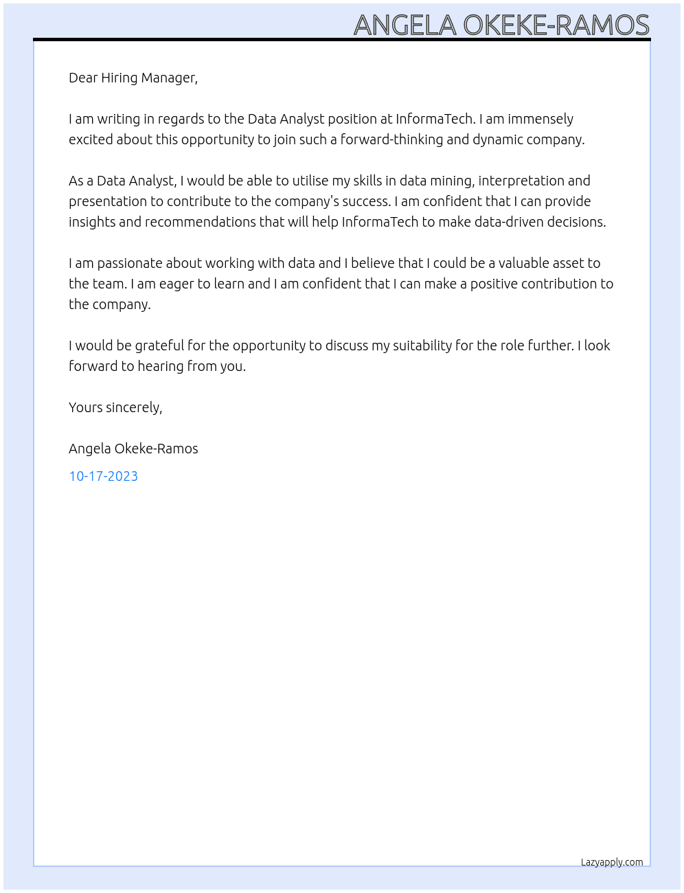 data analyst At InformaTech Cover Letter