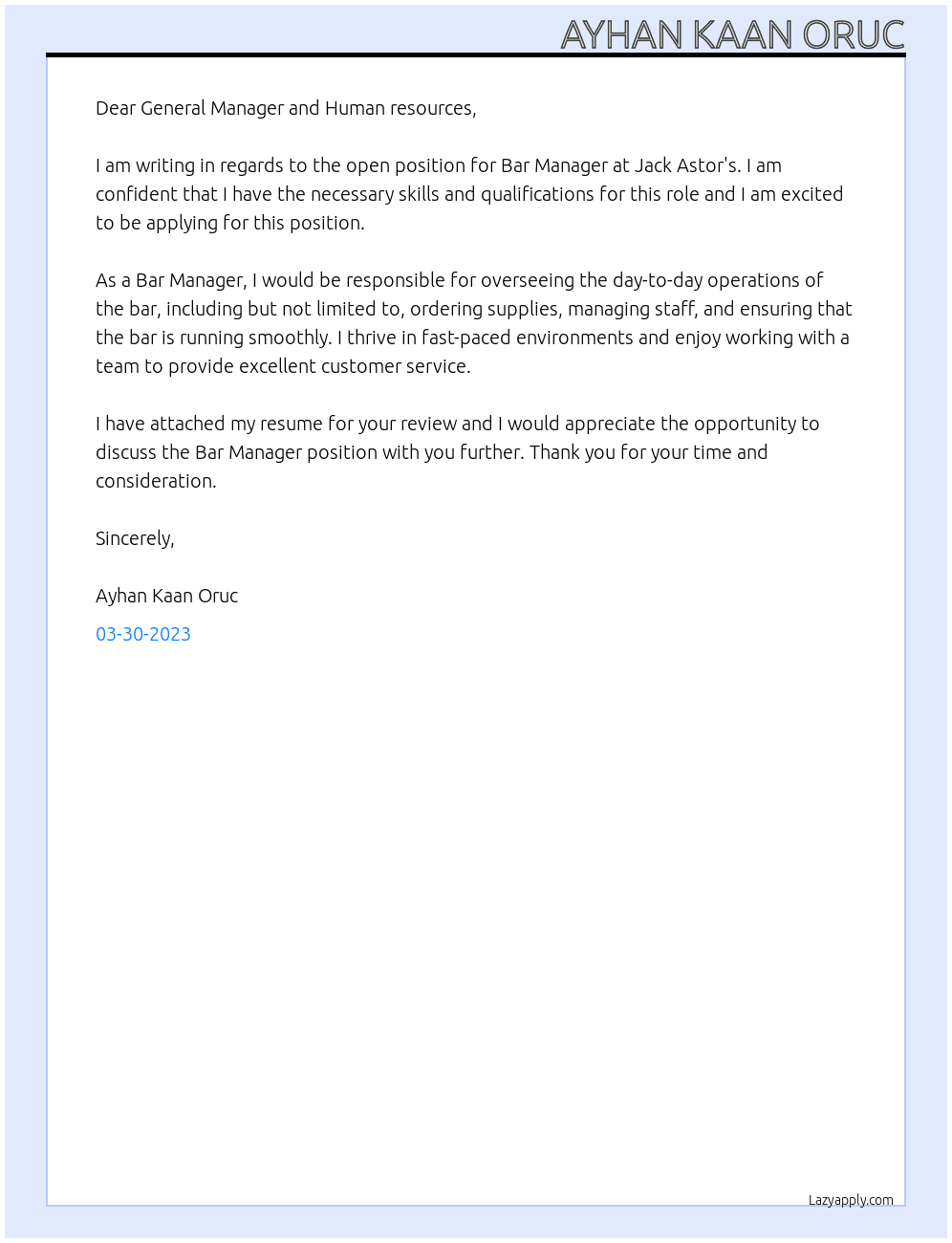 Bar Manager At Jack Astor's Cover Letter