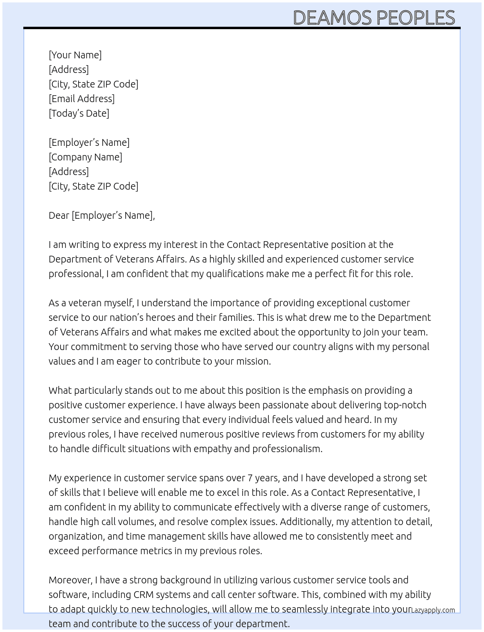 Contact Representative At DEPARTMENT OF VETERANS AFFAIRS Cover Letter