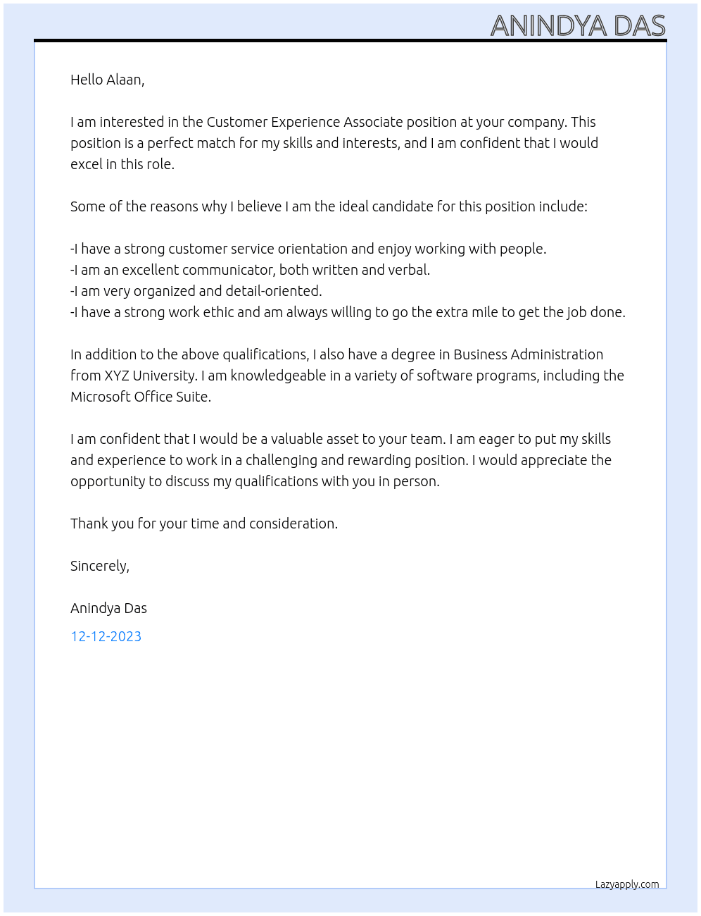 Customer Experience Associate At Alaan Cover Letter