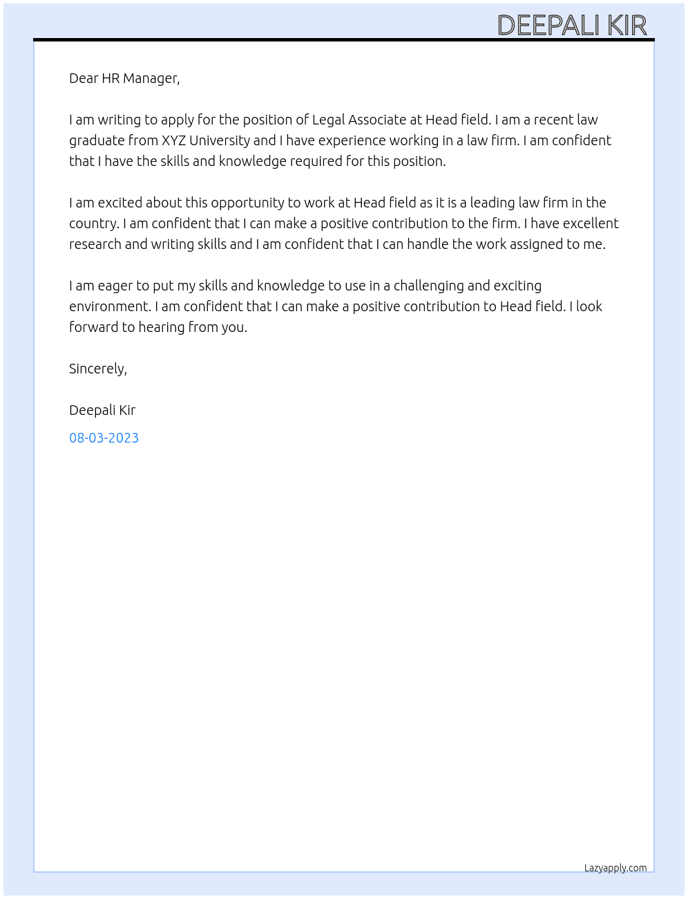 Legal Associate  At Head field Cover Letter