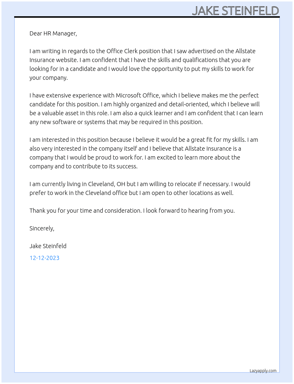 Office Clerk At Allstate Insurance Cover Letter