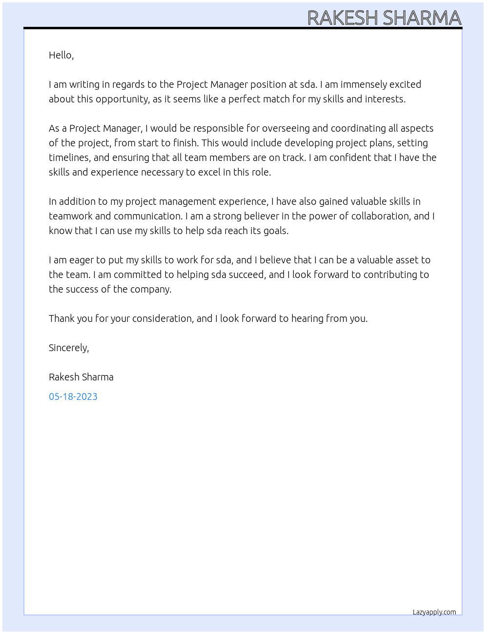Project manager  At sda Cover Letter