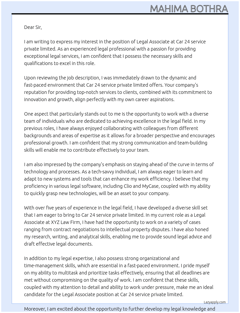 Legal Associate  At Car 24 service private limited  Cover Letter