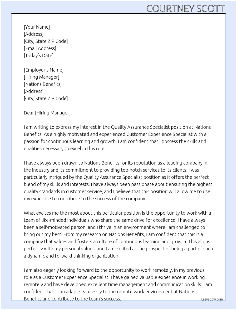 Quality Assurance Specialist  At Nations Benefits Cover Letter