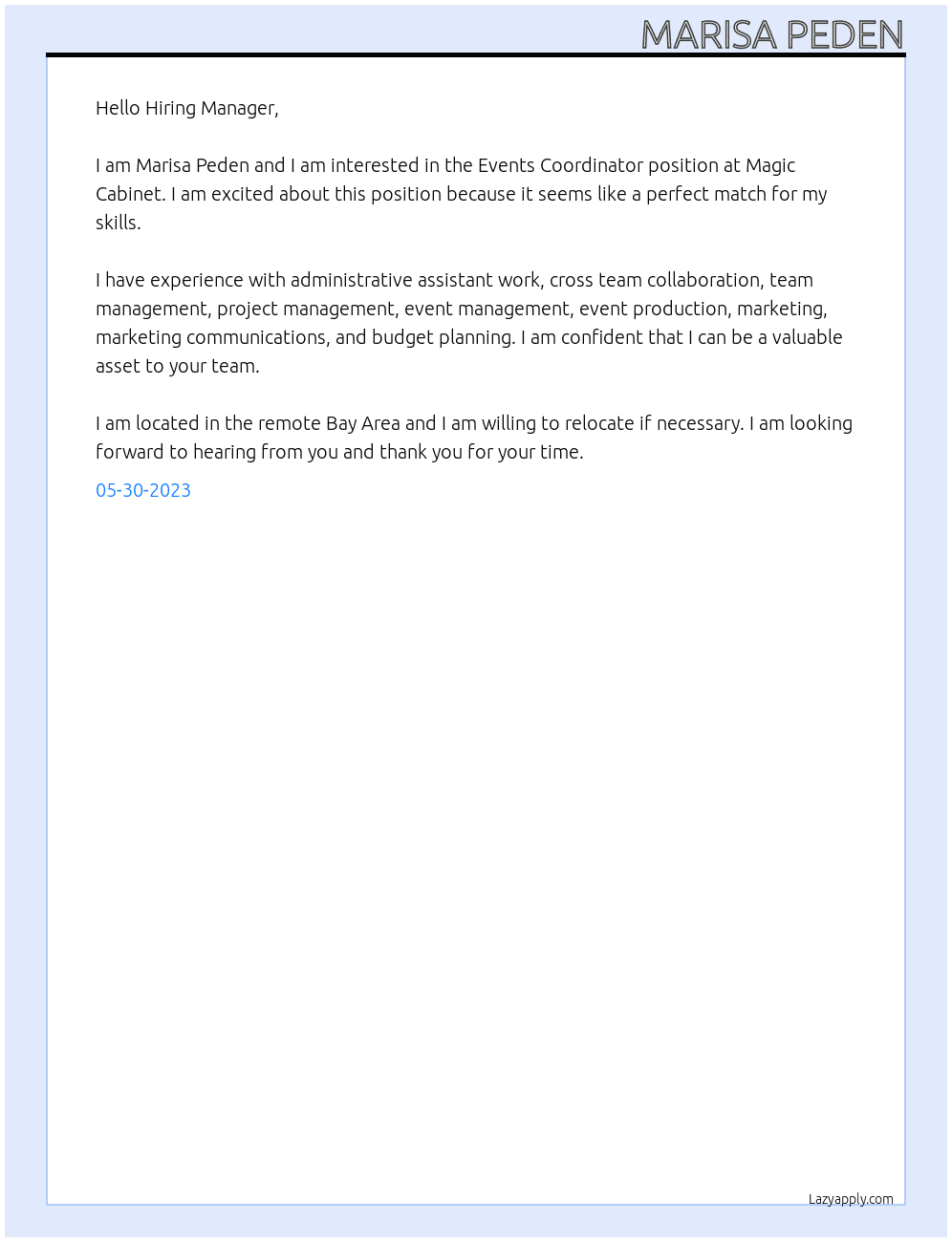 Events Coordinator  At Magic Cabinet Cover Letter