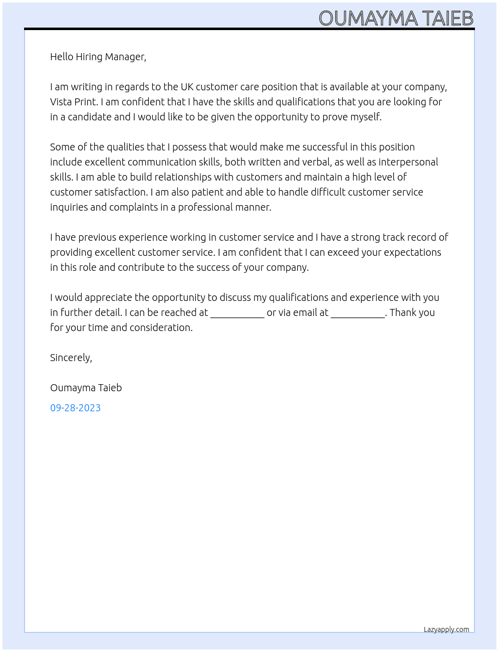 Uk customer care At Vista print Cover Letter