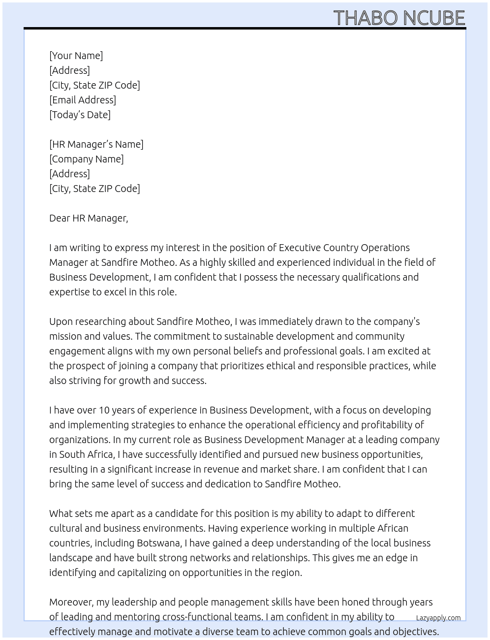 Executive Country Operations Manager At Sandfire Motheo Cover Letter