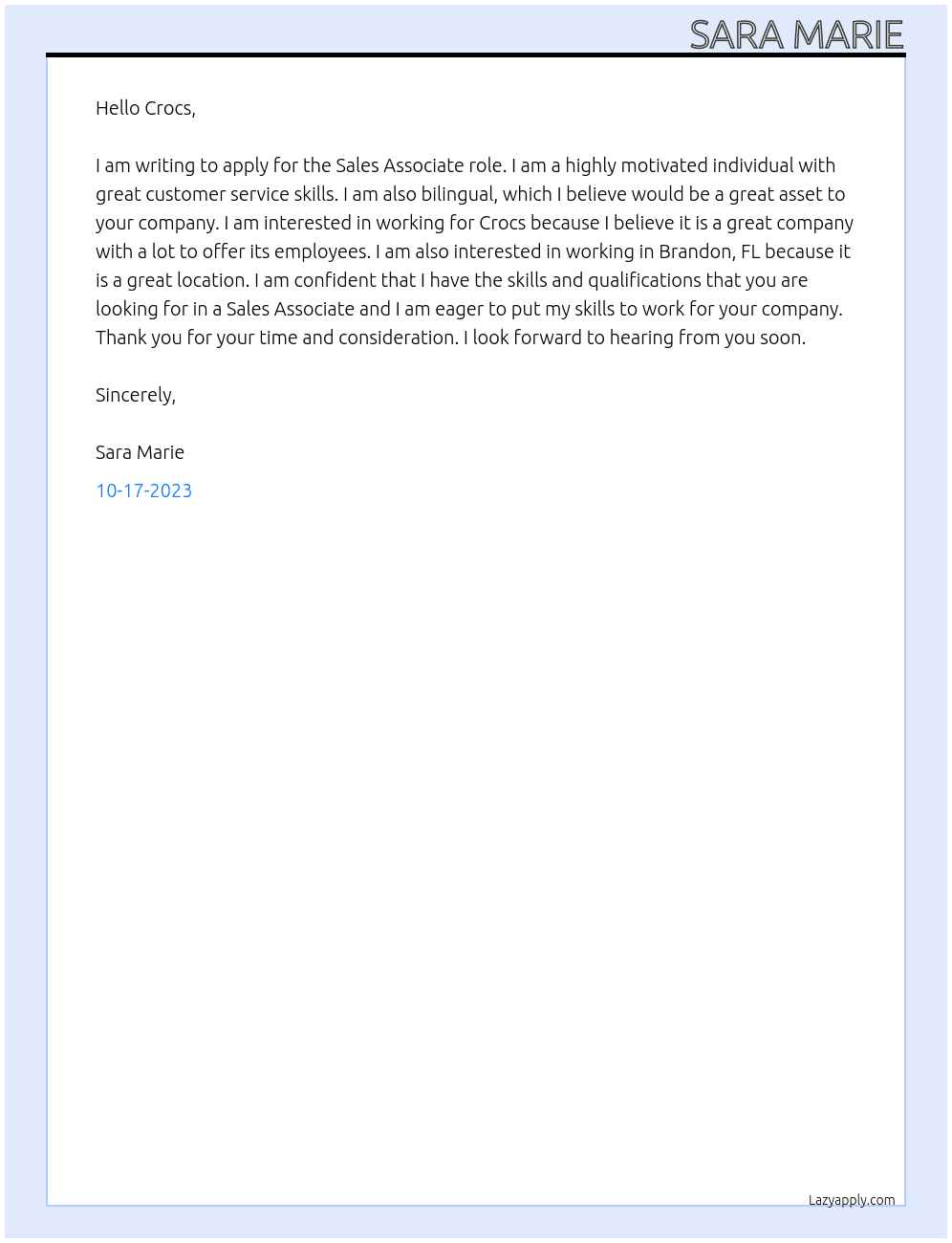 Sales Associates  At Crocs Cover Letter