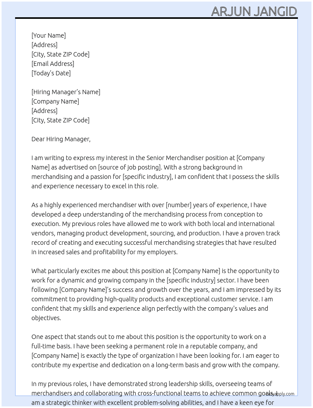 Senior Merchandiser At 123 Cover Letter
