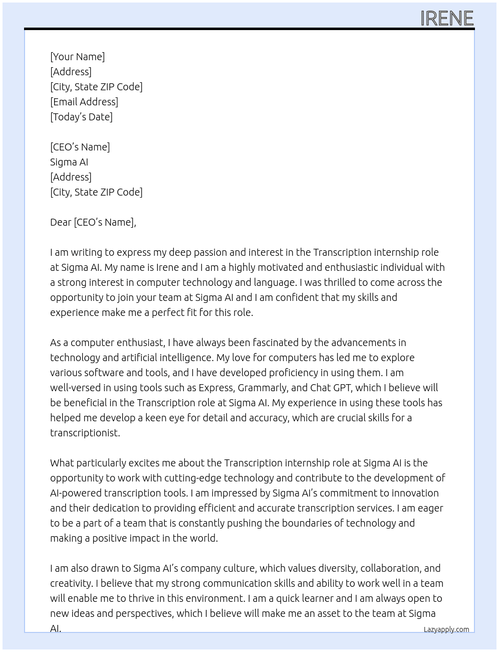 Transcription  At Sigma AI Cover Letter