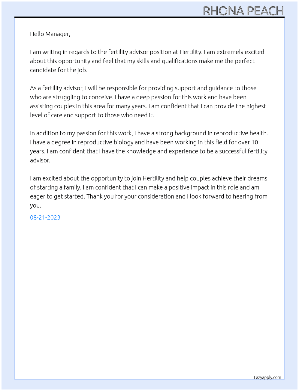 Fertility advisor At Hertility Cover Letter