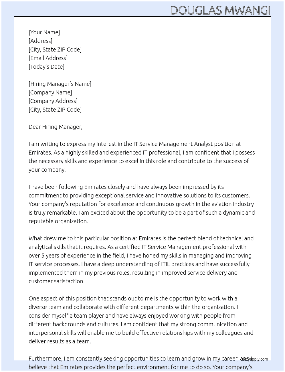 Cover letter for it service management analyst - LazyApply