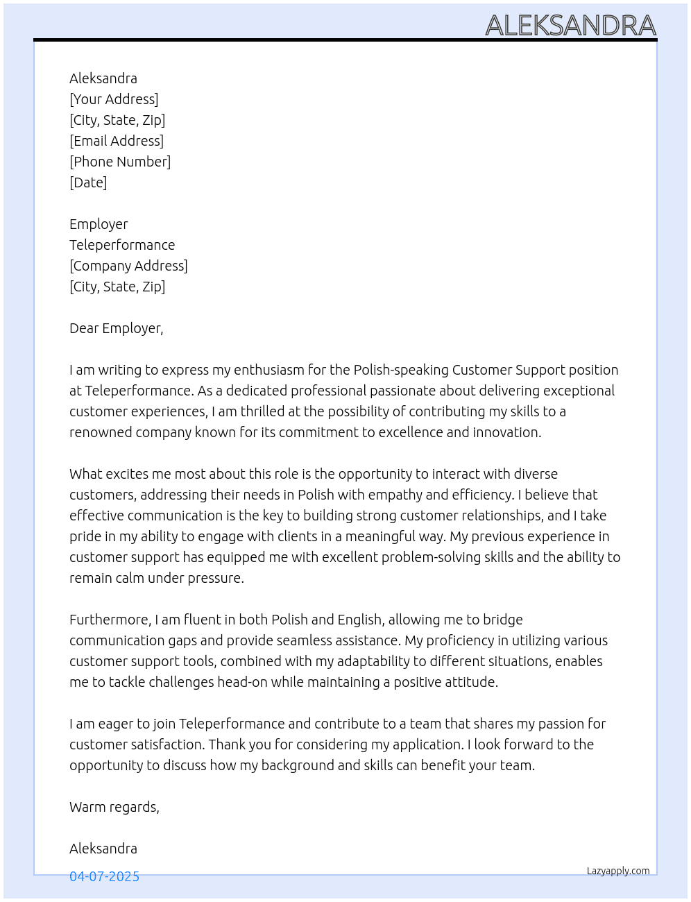 Cover letter for polish speaking customer support - LazyApply