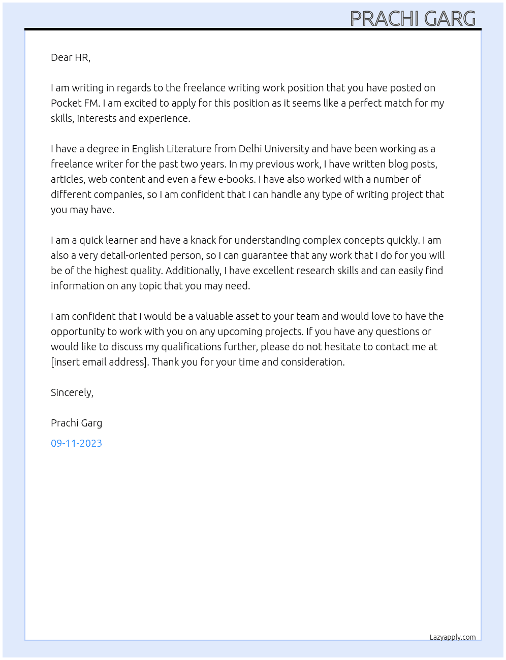 Freelance writing work At Pocket FM Cover Letter