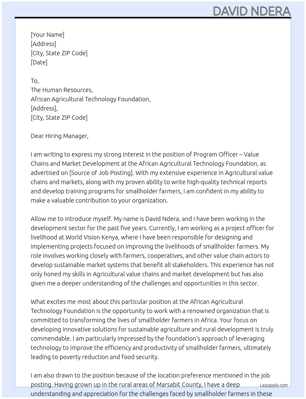  Program Officer – Value Chains and Market Development At African Agricultural technology foundation Cover Letter