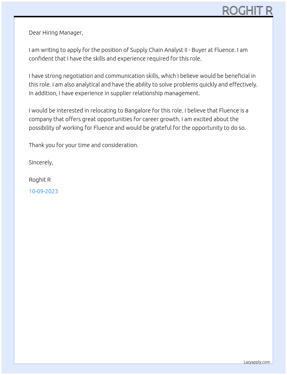 Supply chain Analyst II - Buyer At Fluence Cover Letter