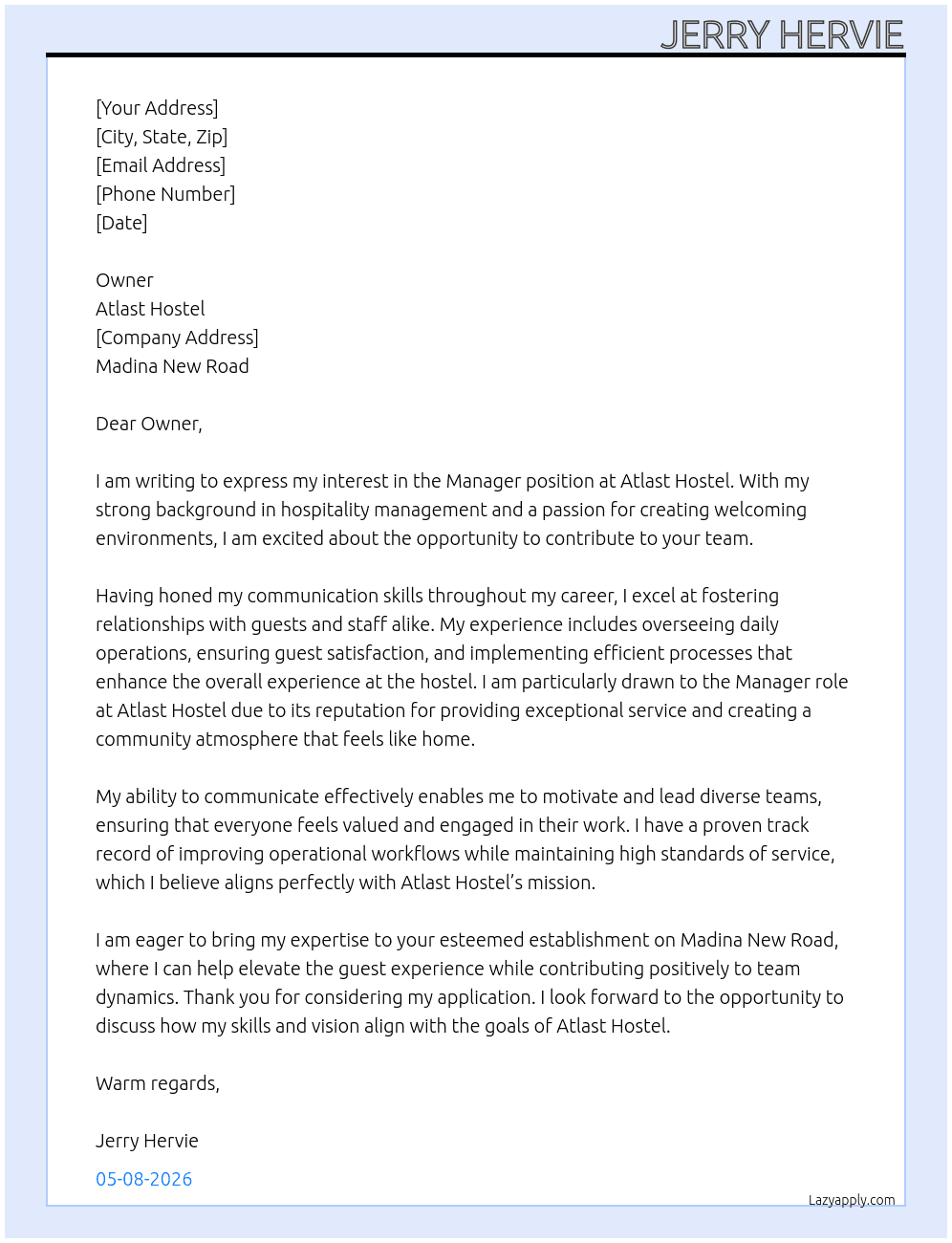 Manager  At Atlast hostel Cover Letter