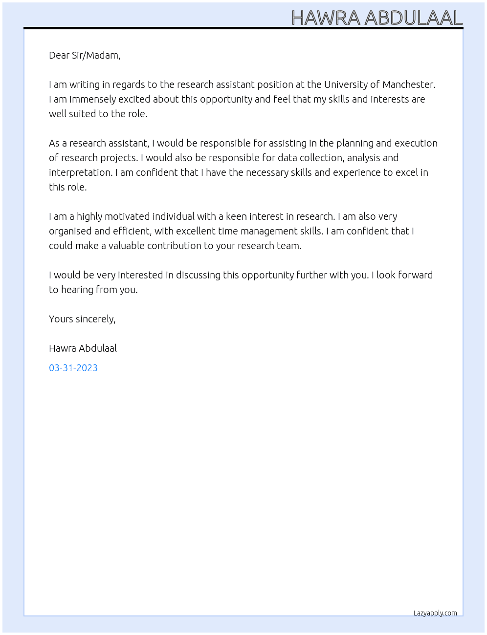 research assistant At University of Manchester Cover Letter