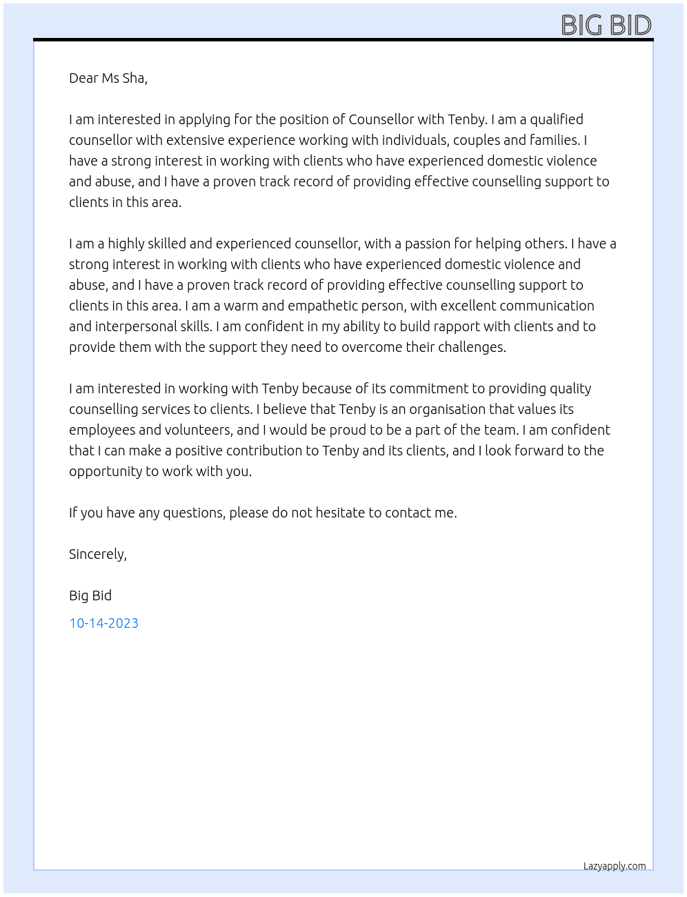 Counsellor At Tenby Cover Letter