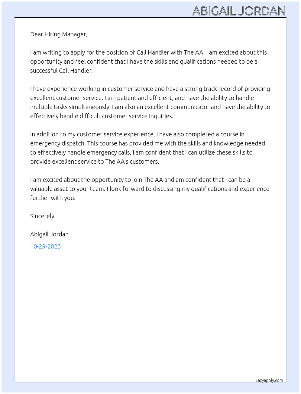 Call Handler At The AA Cover Letter