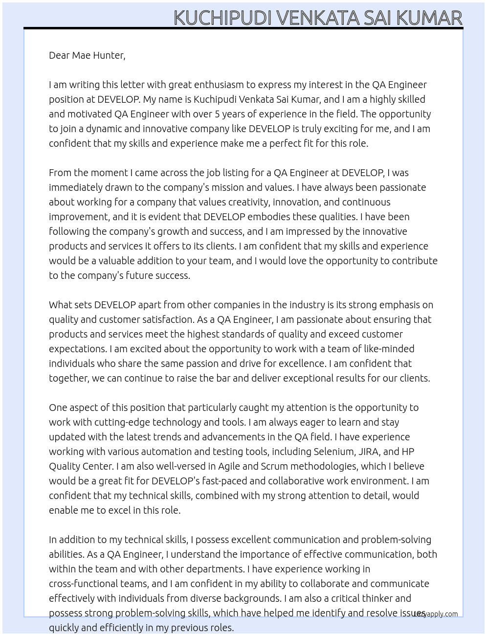 QA ENGINEER At DEVELOP Cover Letter