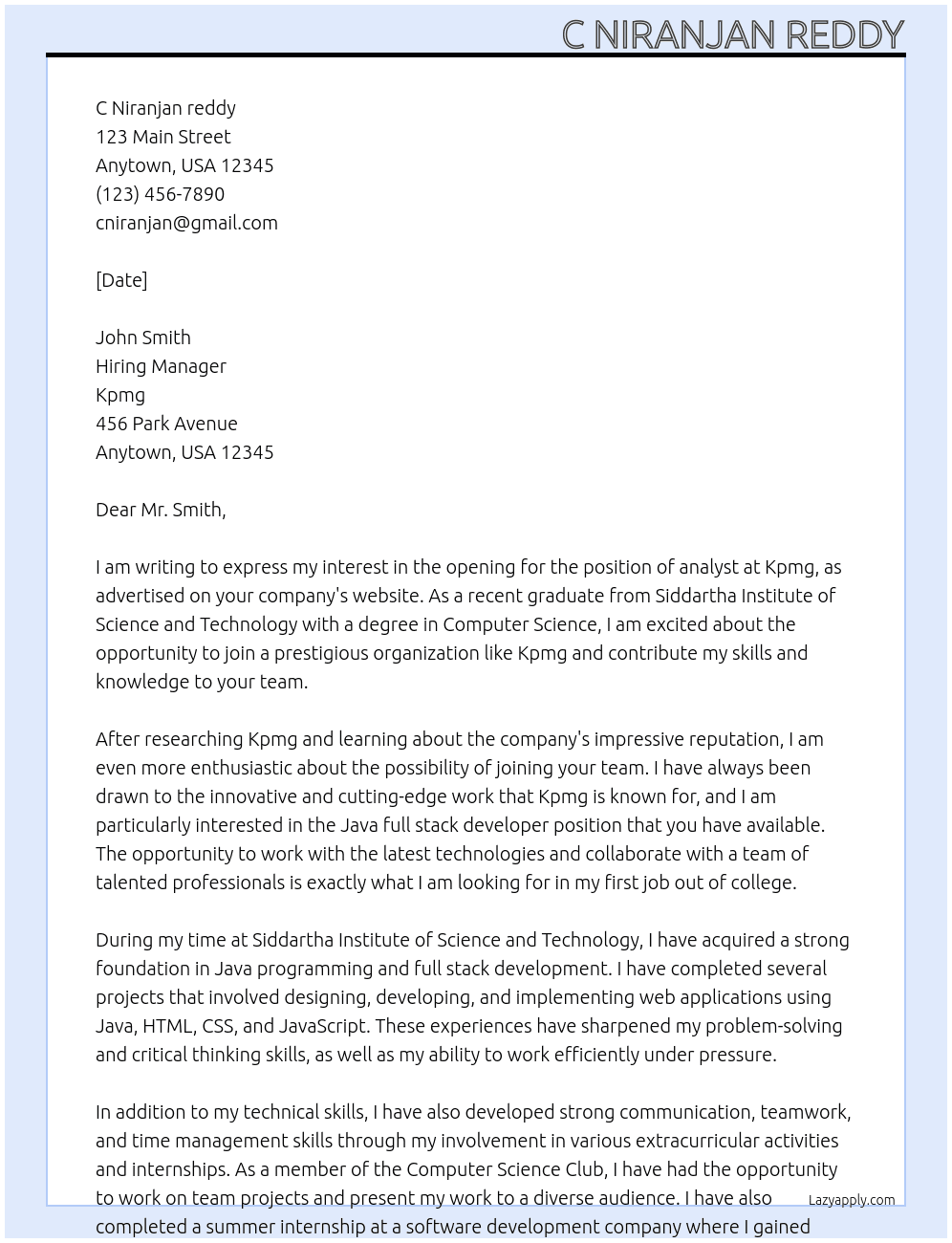 Java full stack developer  At Kpmg Cover Letter