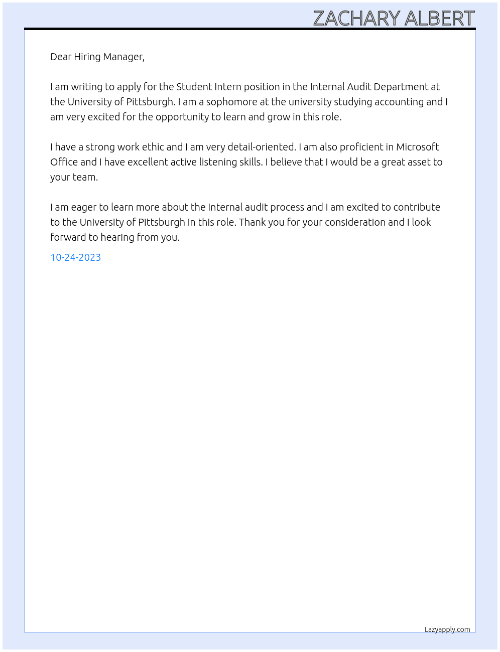 Student Intern - Internal Audit Department At University of Pittsburgh Cover Letter