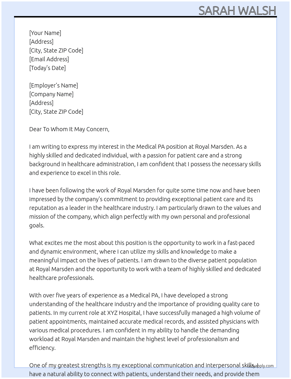 Medical PA  At Royal Marsden  Cover Letter