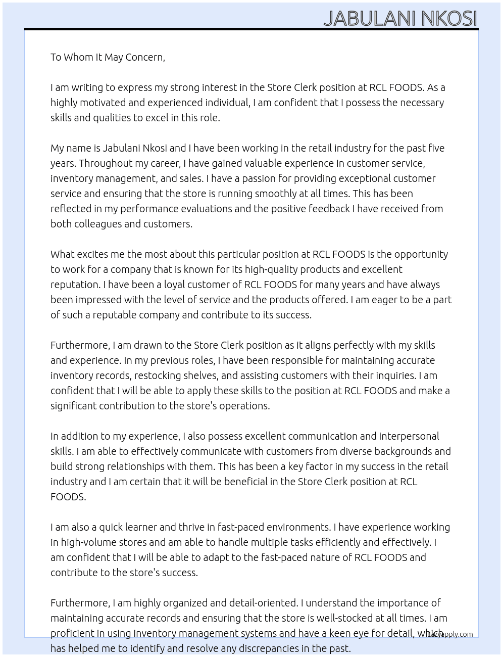 Store Clerk At RCL FOODS Cover Letter