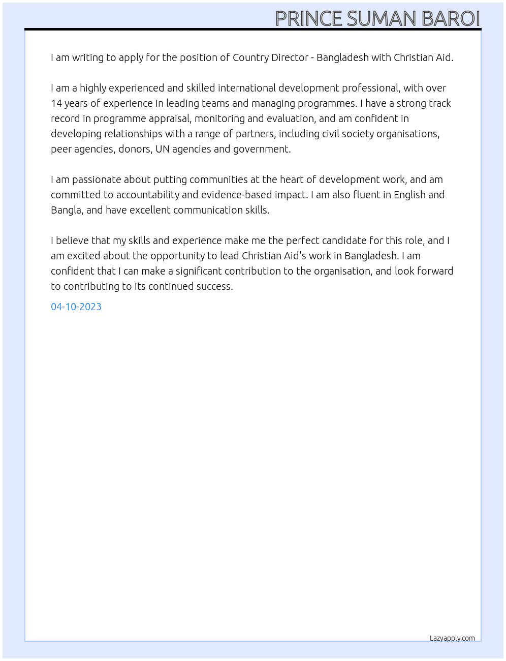 Country Director - Bangladesh At Christian Aid Cover Letter