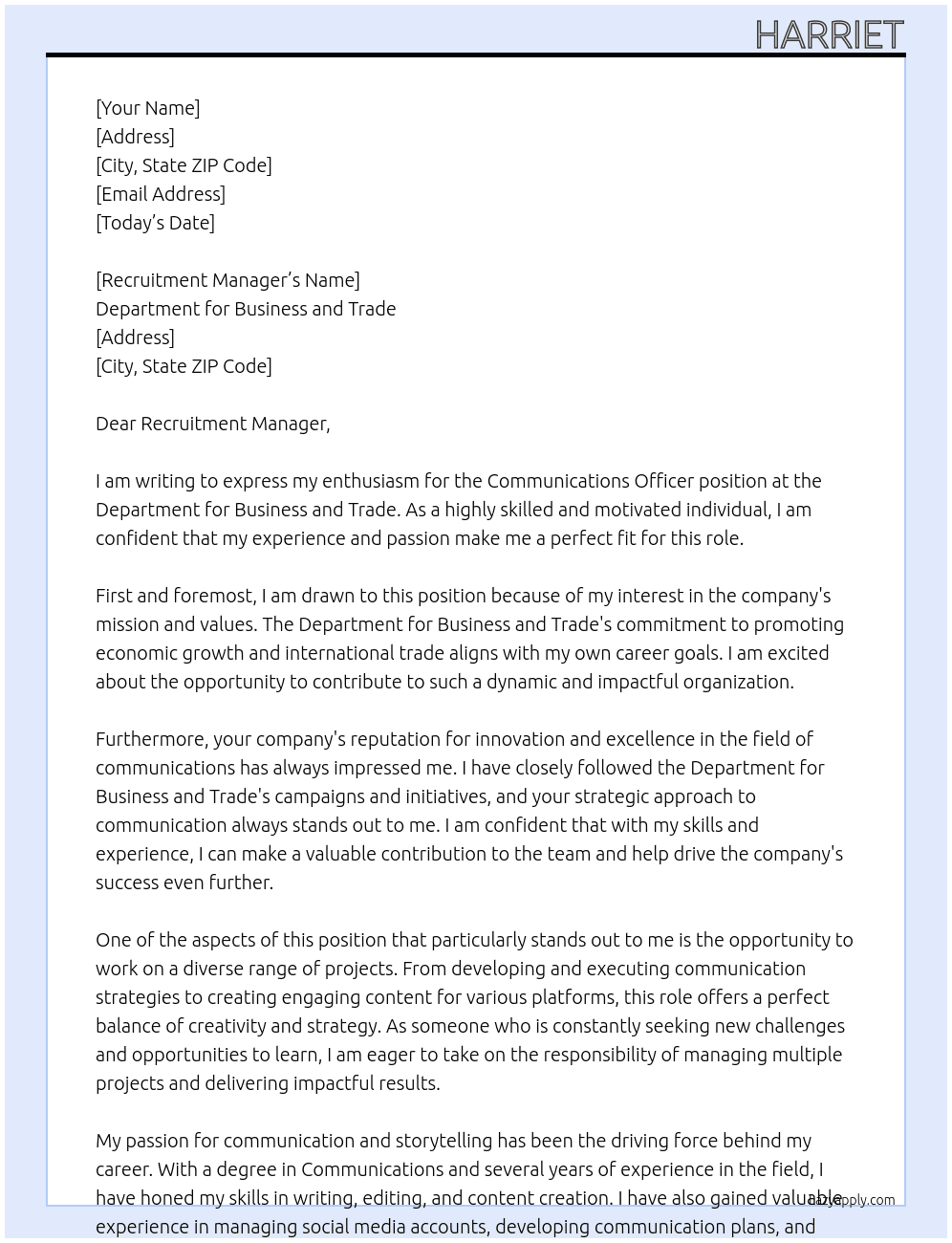 Communications Officer At Department for Business and Trade  Cover Letter