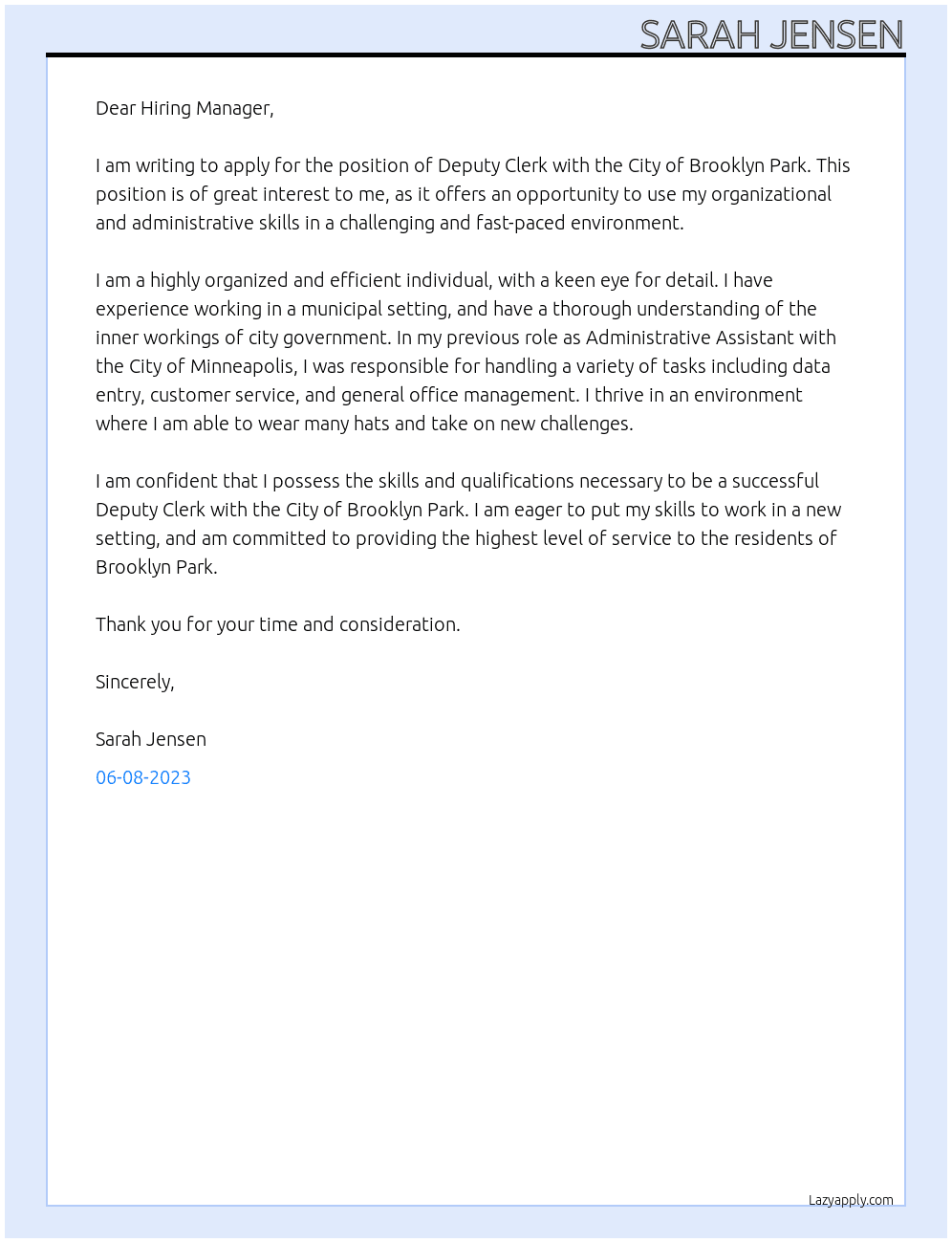 Deputy Clerk At City of Brooklyn Park Cover Letter
