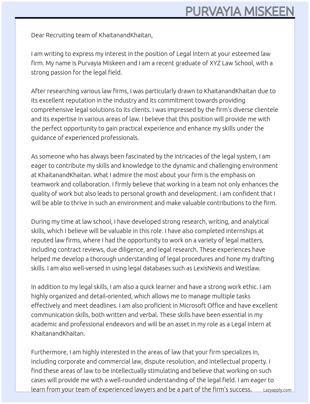 legal intern At KhaitanandKhaitan Cover Letter