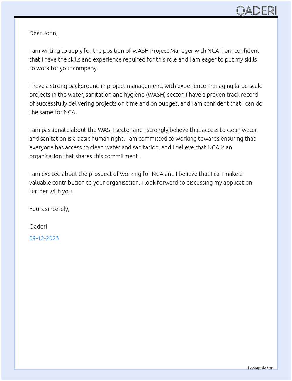 WASH Project Manager At NCA Cover Letter