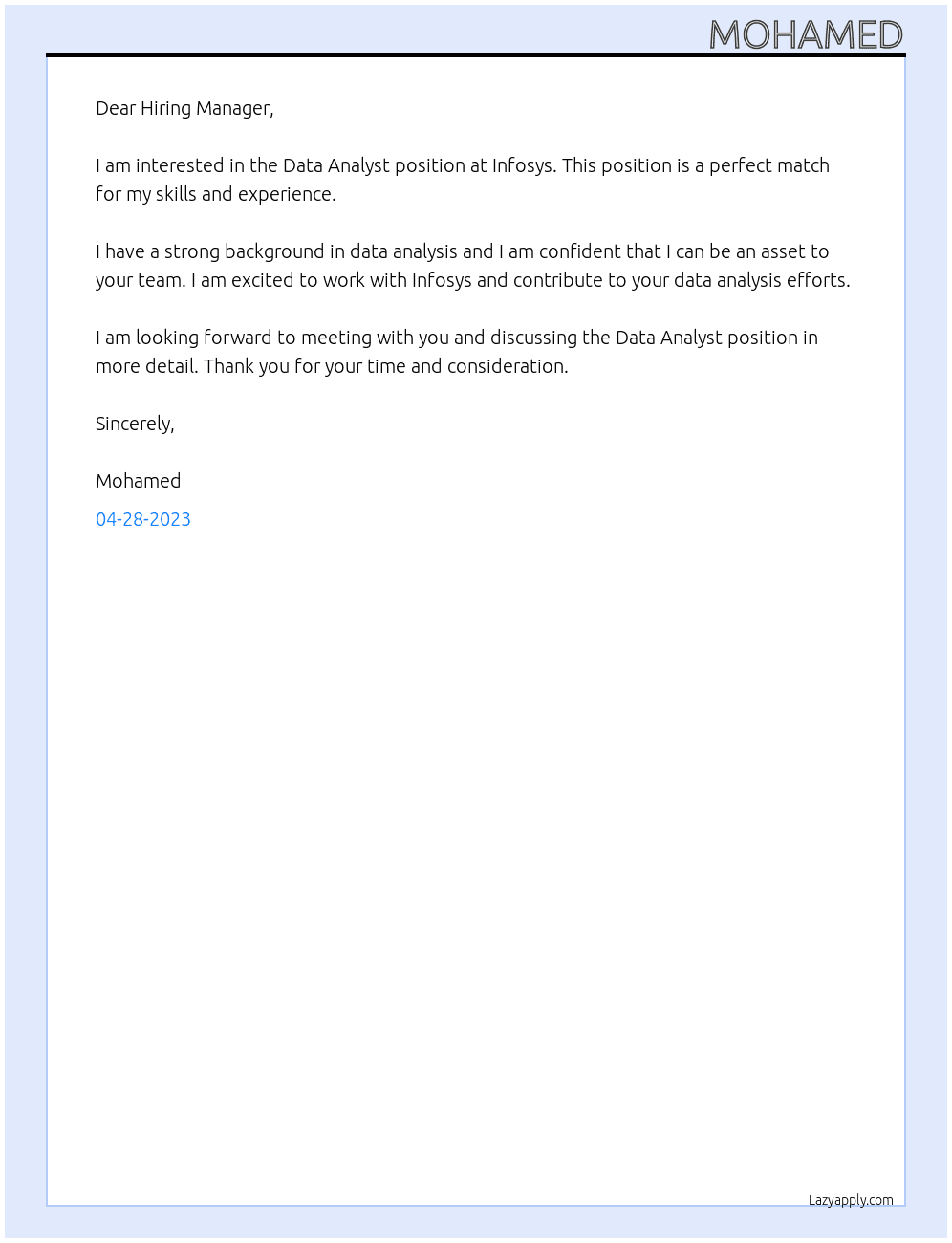 Data Anaylst At infosys Cover Letter
