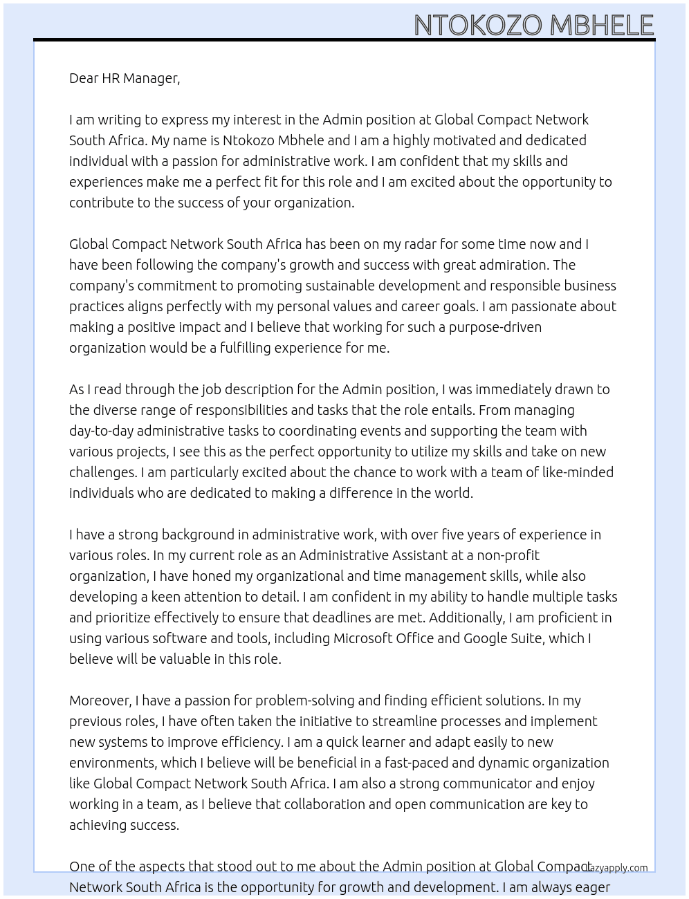 Admin At Global compact network south africa Cover Letter