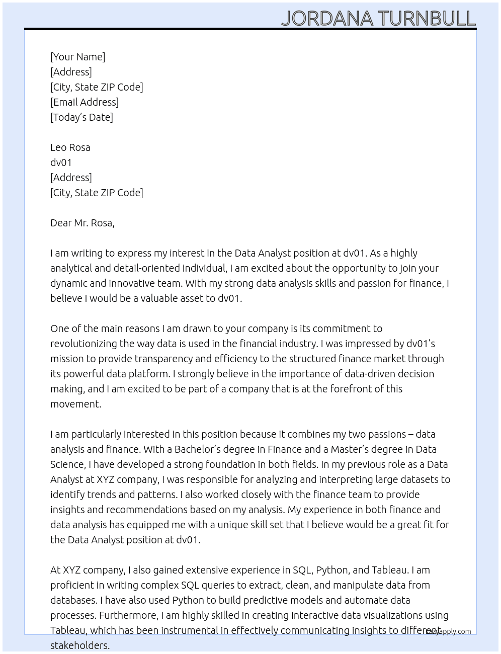 Data Analyst At dv01 Cover Letter